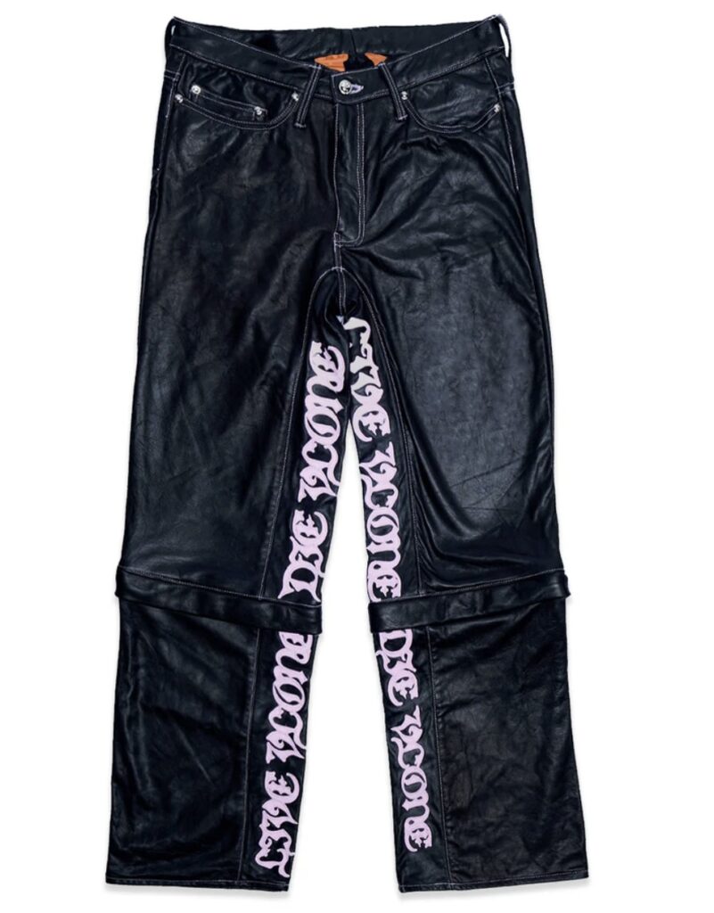 LVDV limited edition leather pants and shorts with orange V label displayed